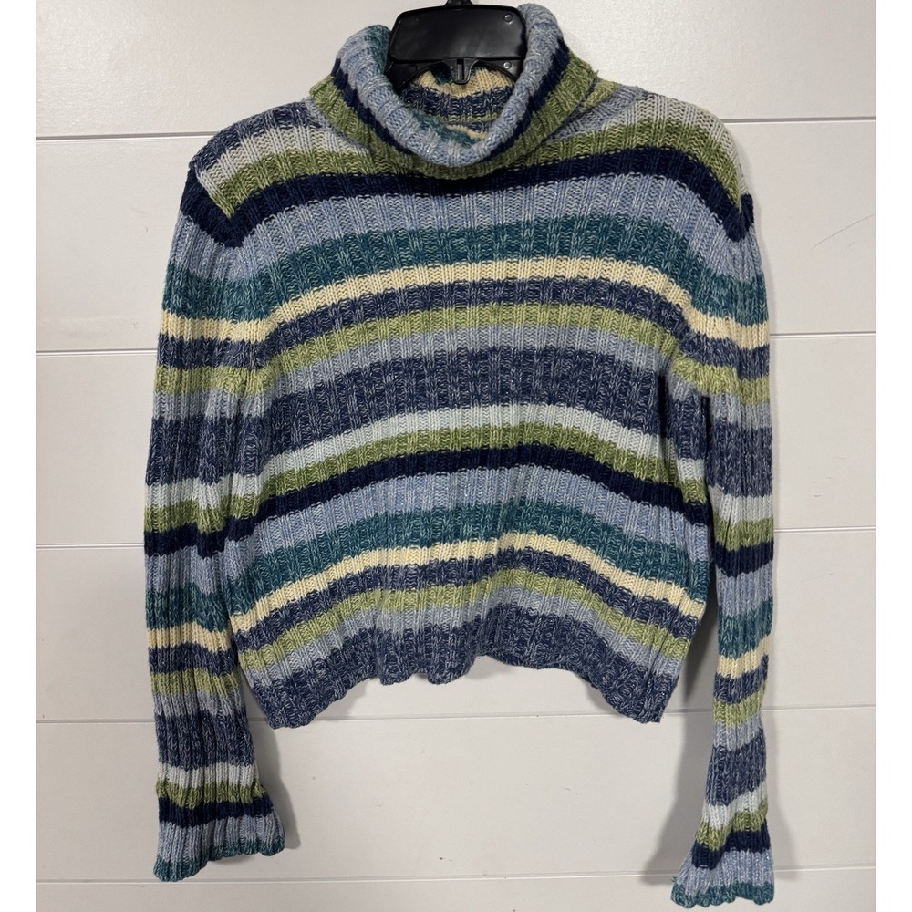 Vintage Next Era Sweater Womens Medium Blue Striped‎ Turtleneck Ribbed 00s 90s